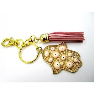 Gold tone pink evil eye hamsa charm key chain - pink leather tassel purse charm